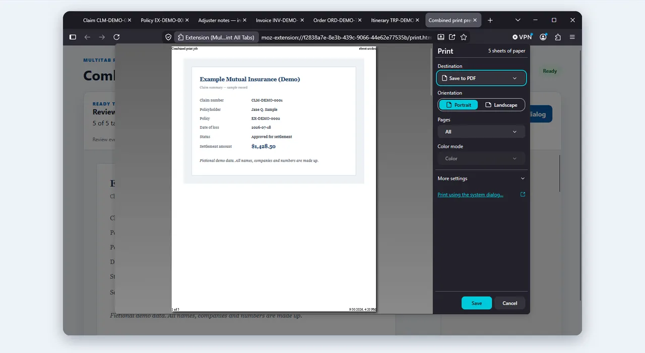 Native print dialog with Save as PDF selected for the combined tabs